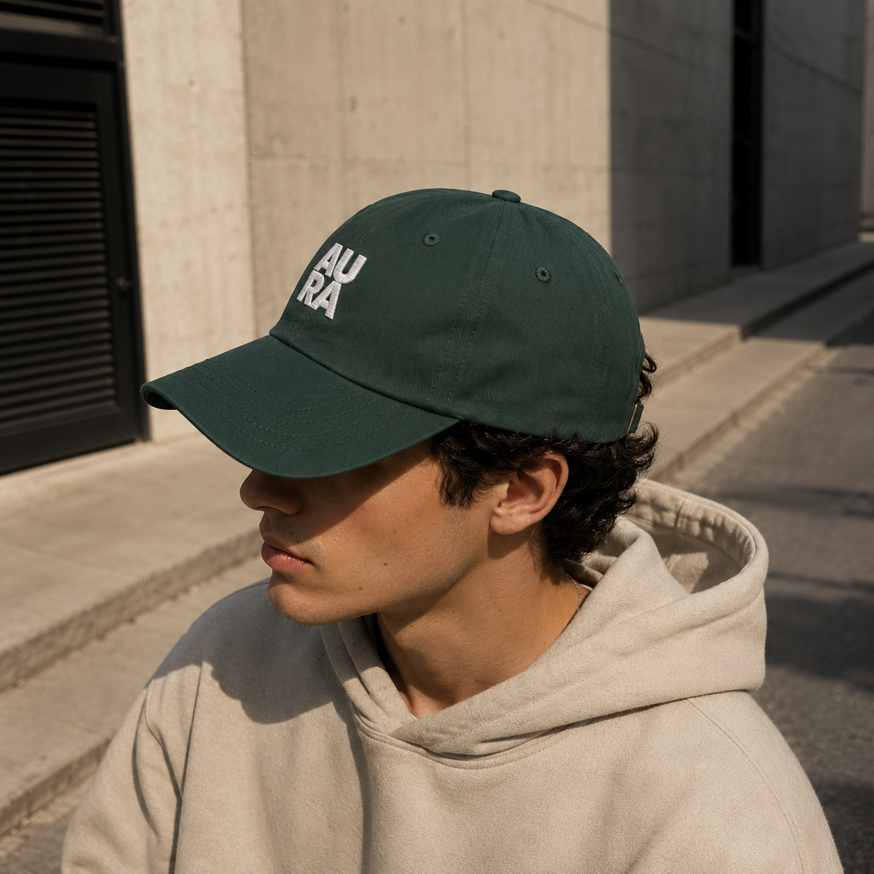 Detalle del bordado Aura en gorra Presencia color negro