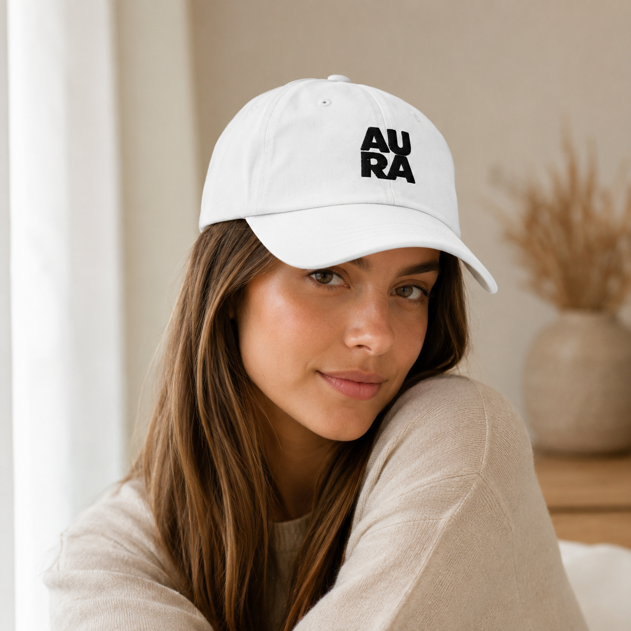 Modelo mujer con gorra Aura Presencia color blanco, retrato en interior cálido