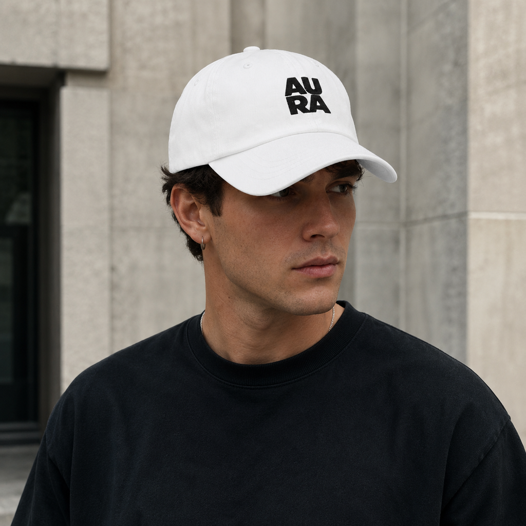 Modelo hombre con gorra Aura Presencia color blanco, fondo de concreto
