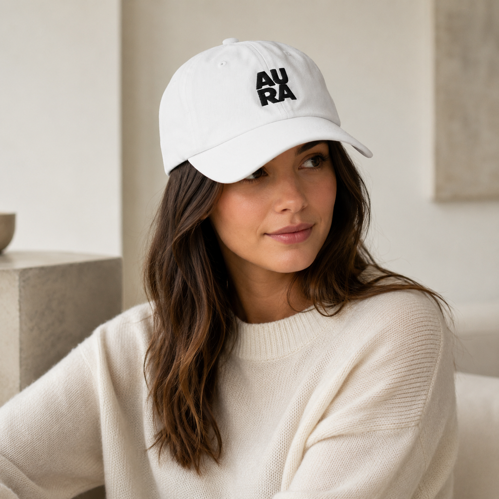 Modelo mujer con gorra Aura Presencia color blanco, ambiente interior claro