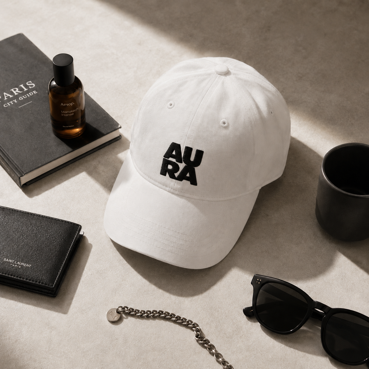 Gorra Aura Presencia color blanco en composición flat lay con accesorios